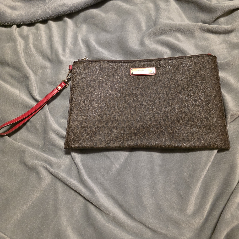 Michael Kors Brown Wristlet with Red Strap